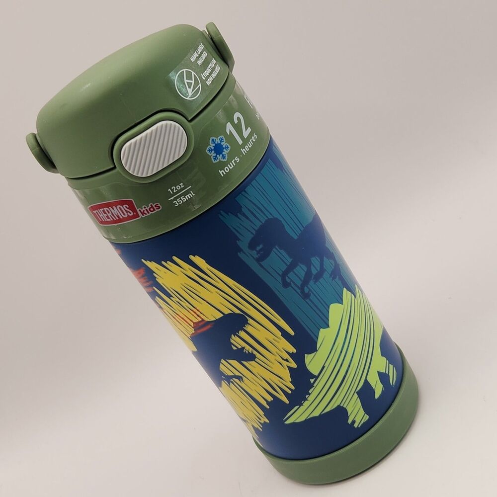 Thermos Funtainer Stainless Water Bottle With Handle Dinosaurs - 12 Oz NEW